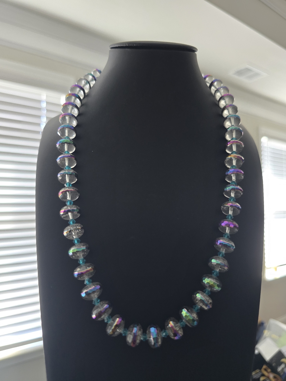 Vintage Iridescent Half-Coat AB Crystal Statement Strand with Teal Spacers